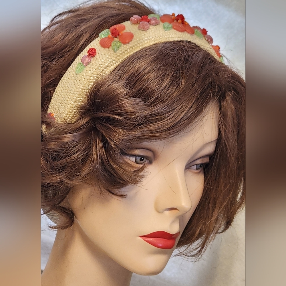 Handbeaded Orange Straw Rattan Headband One of a Kind - Picture 3 of 5
